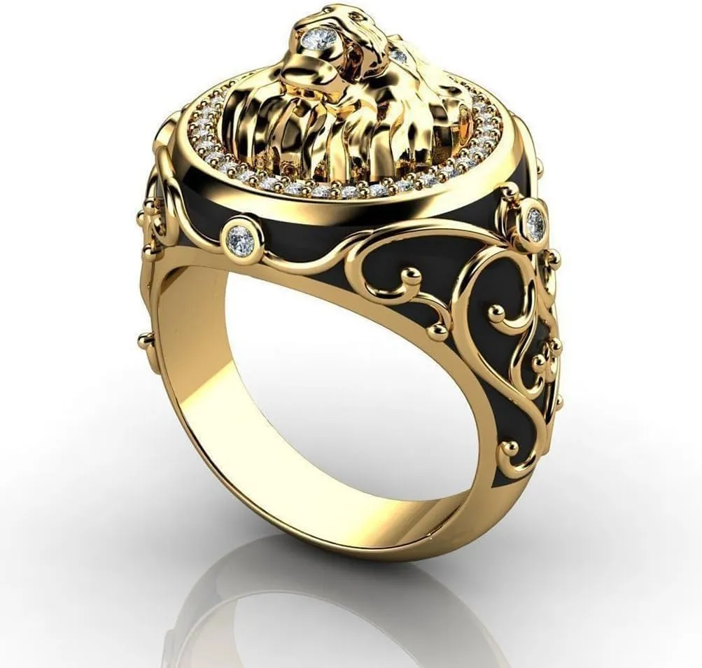 Iced Out Lion Head Ring for Men Gothic Roaring Norse Viking Lion Animal 18K Gold Plated Vintage Retro CZ Crystal Diamond Punk Rock Bling Lion Ring(10)