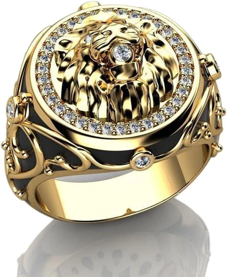 Iced Out Lion Head Ring for Men Gothic Roaring Norse Viking Lion Animal 18K Gold Plated Vintage Retro CZ Crystal Diamond Punk Rock Bling Lion Ring(10)