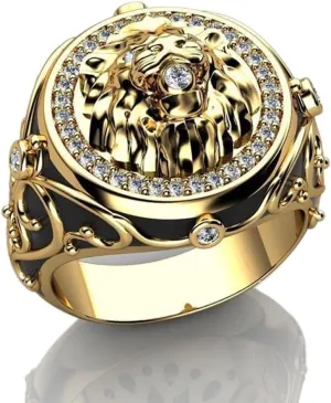 Iced Out Lion Head Ring for Men Gothic Roaring Norse Viking Lion Animal 18K Gold Plated Vintage Retro CZ Crystal Diamond Punk Rock Bling Lion Ring(10)