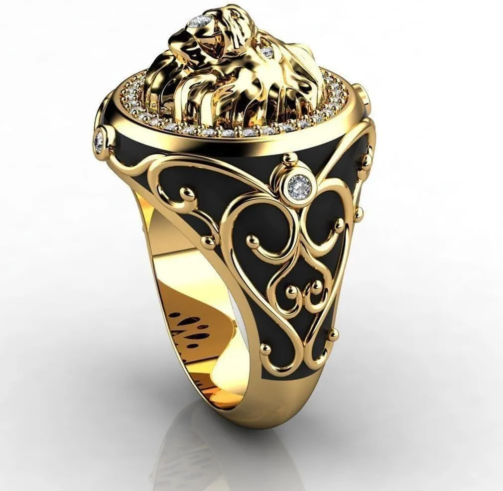 Iced Out Lion Head Ring for Men Gothic Roaring Norse Viking Lion Animal 18K Gold Plated Vintage Retro CZ Crystal Diamond Punk Rock Bling Lion Ring(10)
