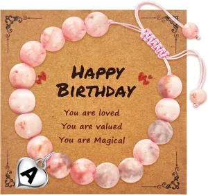 Initial Letter Birthday Graduation Gifts for Her, Adjustable Beaded Natural Stone Bracelet with Heart Charm for Daughter, Niece,Sister and Friend