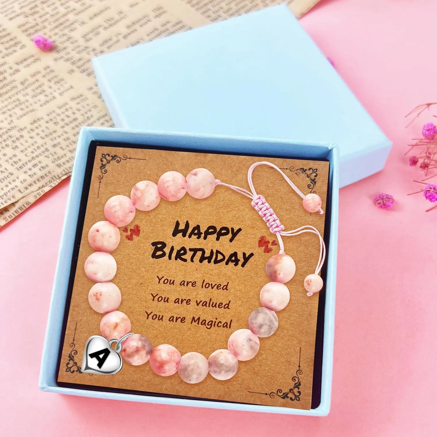Initial Letter Birthday Graduation Gifts for Her, Adjustable Beaded Natural Stone Bracelet with Heart Charm for Daughter, Niece,Sister and Friend