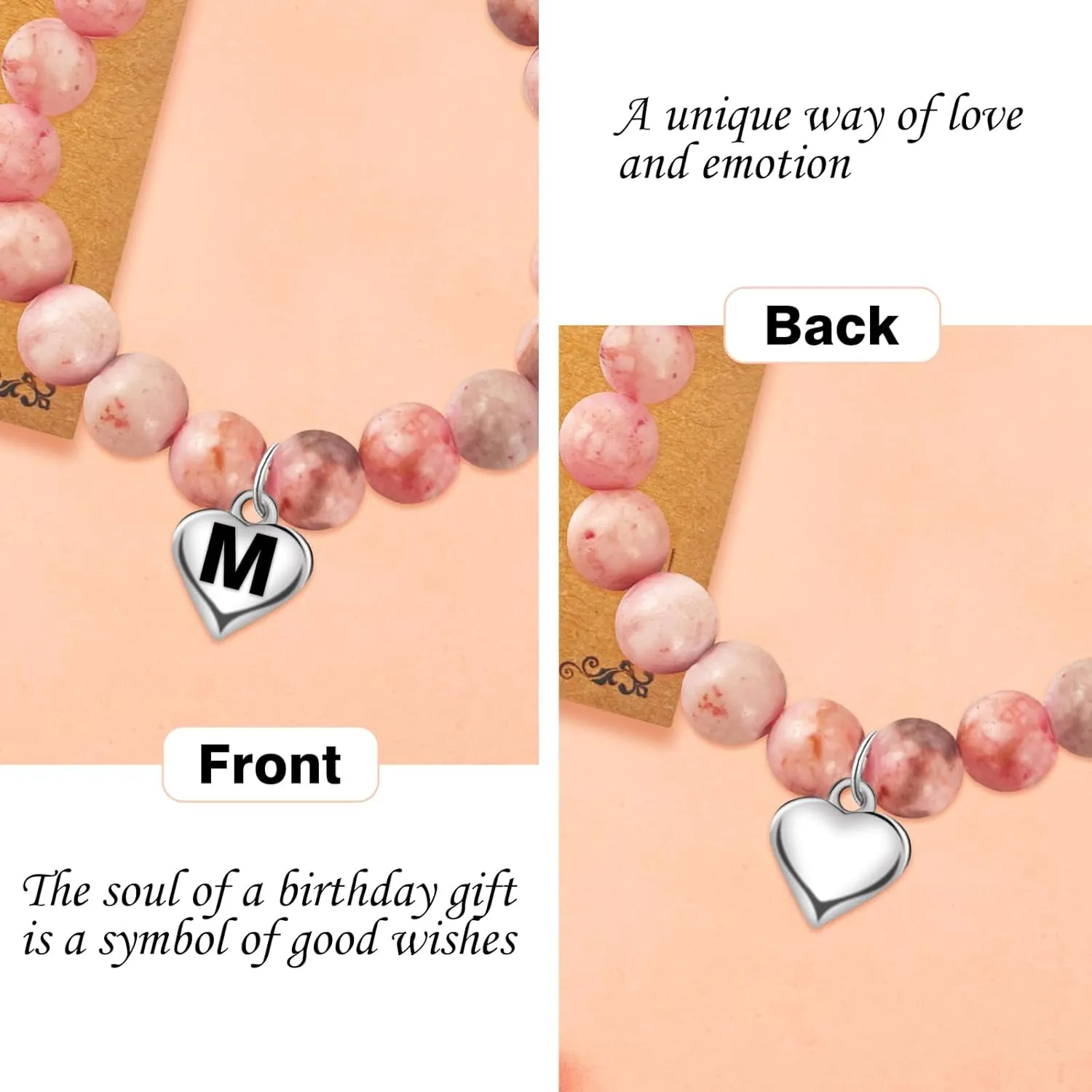 Initial Letter Birthday Graduation Gifts for Her, Adjustable Beaded Natural Stone Bracelet with Heart Charm for Daughter, Niece,Sister and Friend