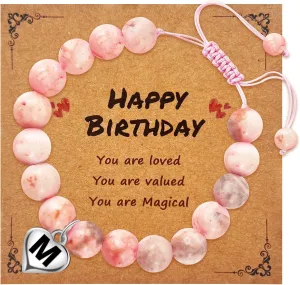 Initial Letter Birthday Graduation Gifts for Her, Adjustable Beaded Natural Stone Bracelet with Heart Charm for Daughter, Niece,Sister and Friend