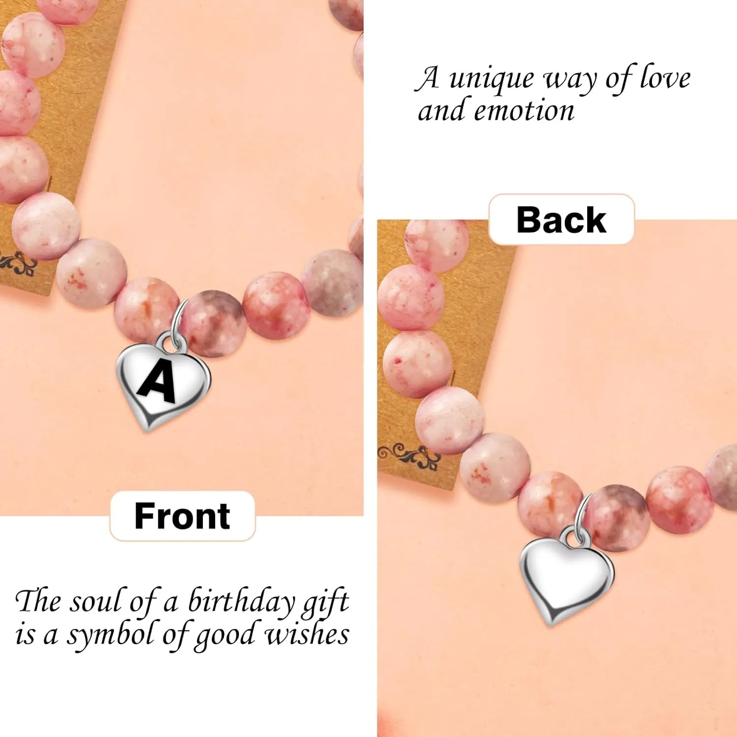 Initial Letter Birthday Graduation Gifts for Her, Adjustable Beaded Natural Stone Bracelet with Heart Charm for Daughter, Niece,Sister and Friend