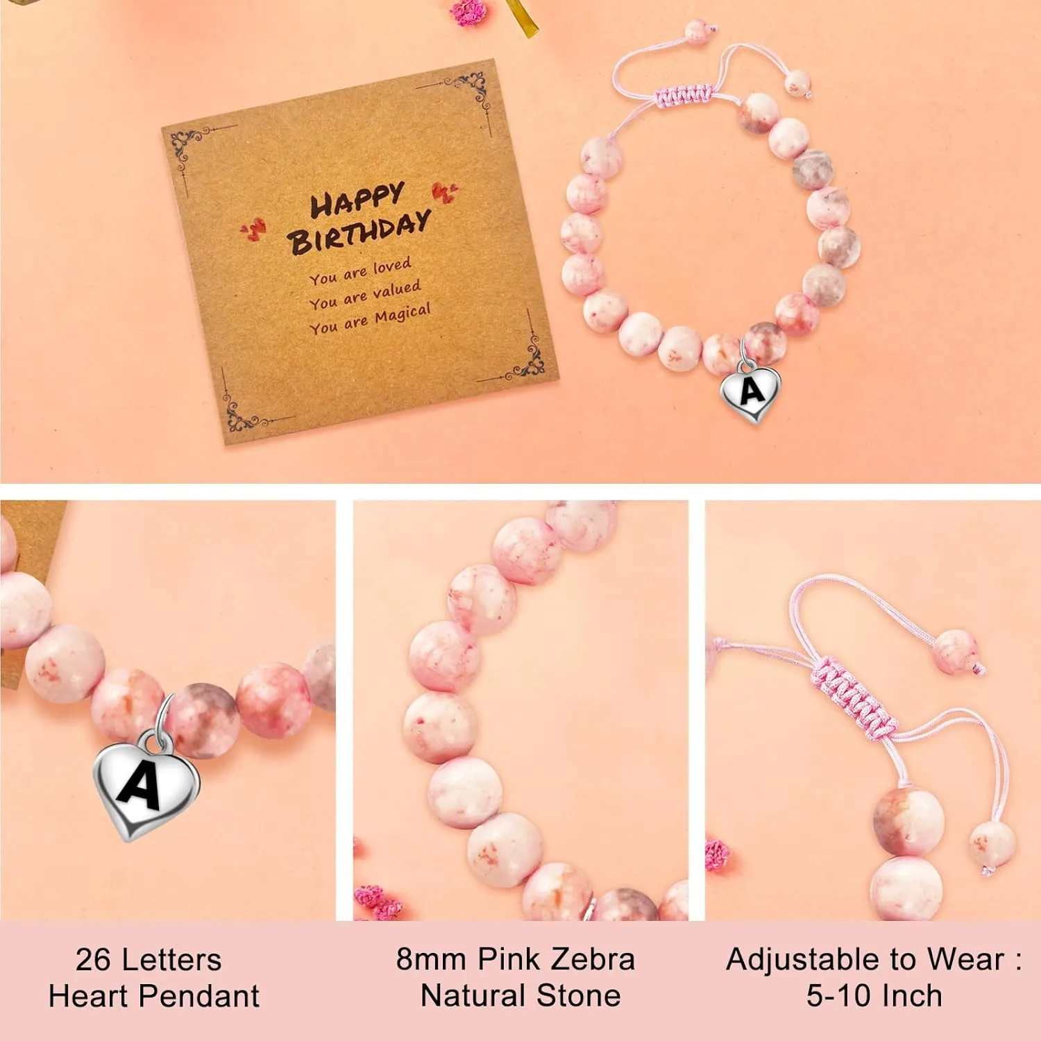 Initial Letter Birthday Graduation Gifts for Her, Adjustable Beaded Natural Stone Bracelet with Heart Charm for Daughter, Niece,Sister and Friend