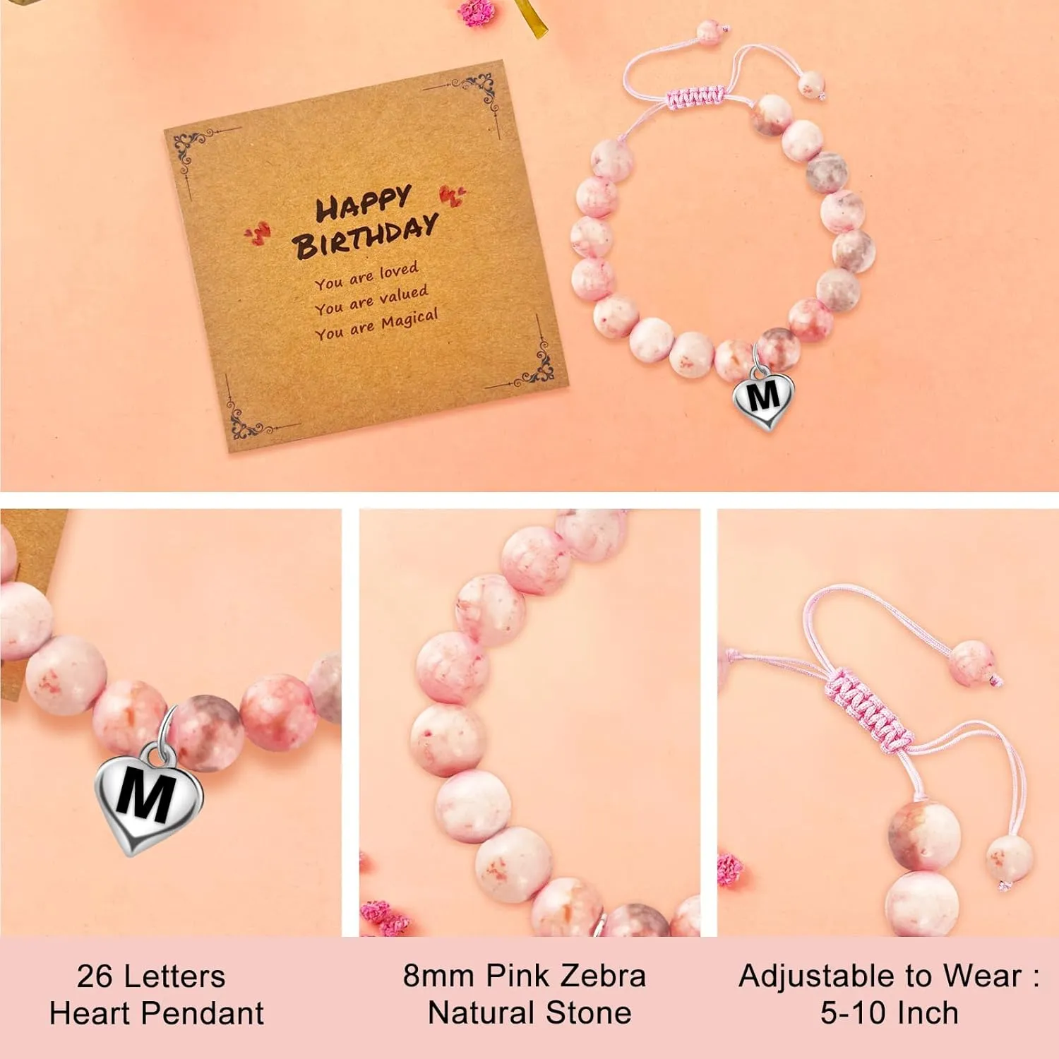 Initial Letter Birthday Graduation Gifts for Her, Adjustable Beaded Natural Stone Bracelet with Heart Charm for Daughter, Niece,Sister and Friend