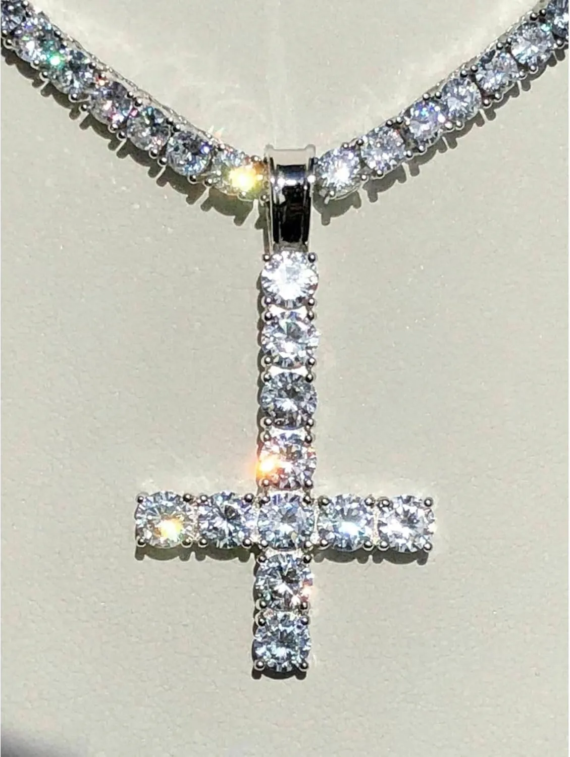 Inverted Upside Cross Pendant Necklace Iced Out Diamond Cz Moissanite 925 Sterling Silver Includes 4mm Tennis Chain (16"-30"),Religious Jewelry Gift