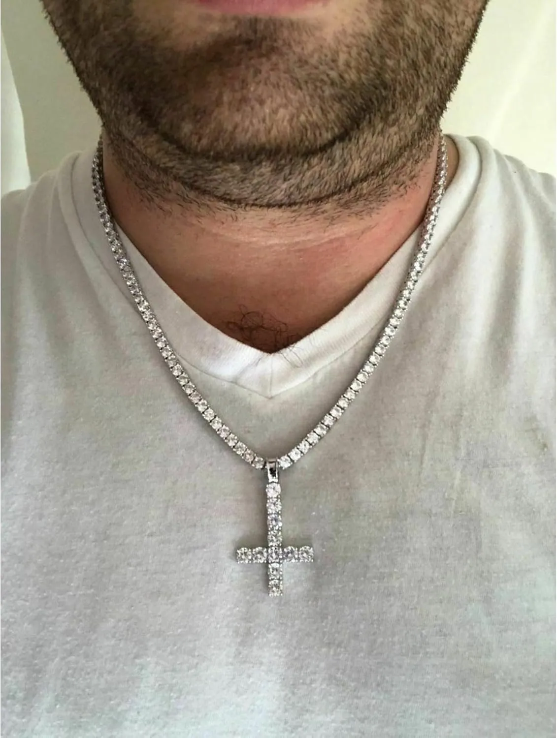 Inverted Upside Cross Pendant Necklace Iced Out Diamond Cz Moissanite 925 Sterling Silver Includes 4mm Tennis Chain (16"-30"),Religious Jewelry Gift