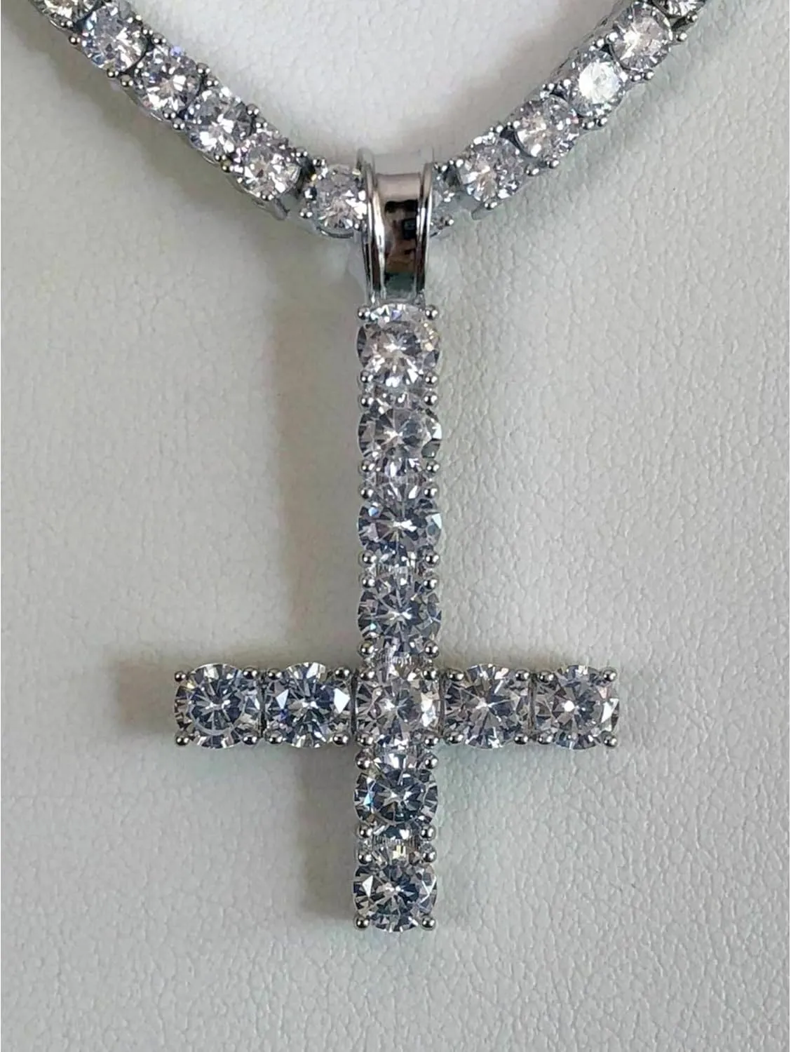 Inverted Upside Cross Pendant Necklace Iced Out Diamond Cz Moissanite 925 Sterling Silver Includes 4mm Tennis Chain (16"-30"),Religious Jewelry Gift