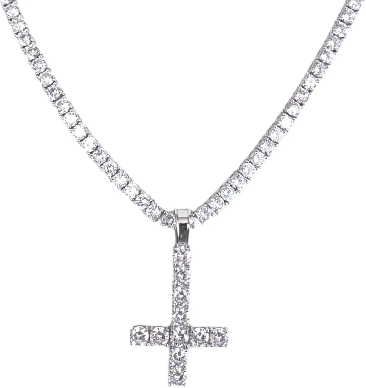 Inverted Upside Cross Pendant Necklace Iced Out Diamond Cz Moissanite 925 Sterling Silver Includes 4mm Tennis Chain (16"-30"),Religious Jewelry Gift