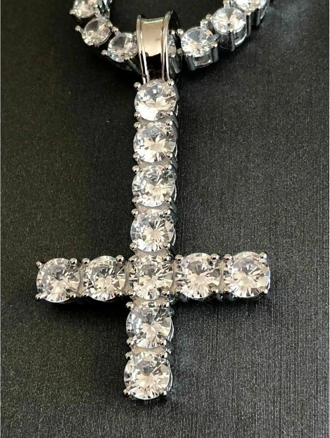 Inverted Upside Cross Pendant Necklace Iced Out Diamond Cz Moissanite 925 Sterling Silver Includes 4mm Tennis Chain (16"-30"),Religious Jewelry Gift