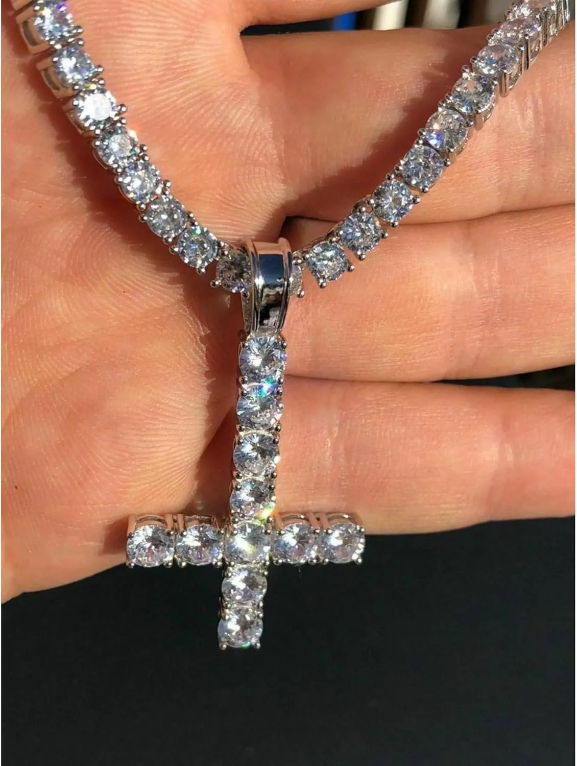 Inverted Upside Cross Pendant Necklace Iced Out Diamond Cz Moissanite 925 Sterling Silver Includes 4mm Tennis Chain (16"-30"),Religious Jewelry Gift