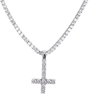 Inverted Upside Cross Pendant Necklace Iced Out Diamond Cz Moissanite 925 Sterling Silver Includes 4mm Tennis Chain (16"-30"),Religious Jewelry Gift