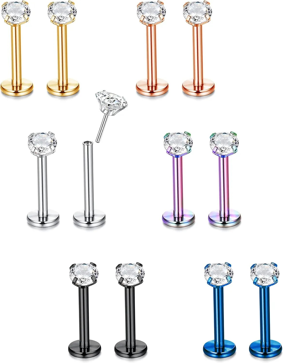 IRONBOX 16G 18G Threadless Push in Nose Rings Studs Surgical Steel Pushin Nose Stud Bone Nose Rings Piercings Nostril Piercing Jewelry for Women Men
