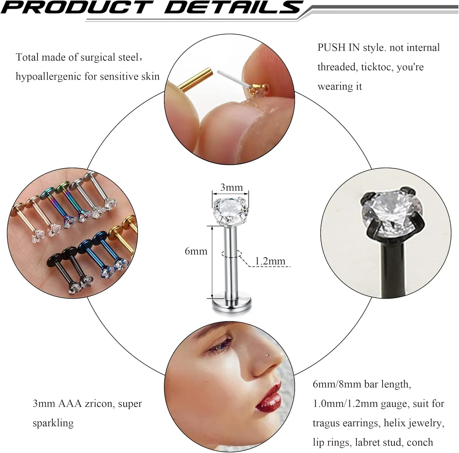 IRONBOX 16G 18G Threadless Push in Nose Rings Studs Surgical Steel Pushin Nose Stud Bone Nose Rings Piercings Nostril Piercing Jewelry for Women Men