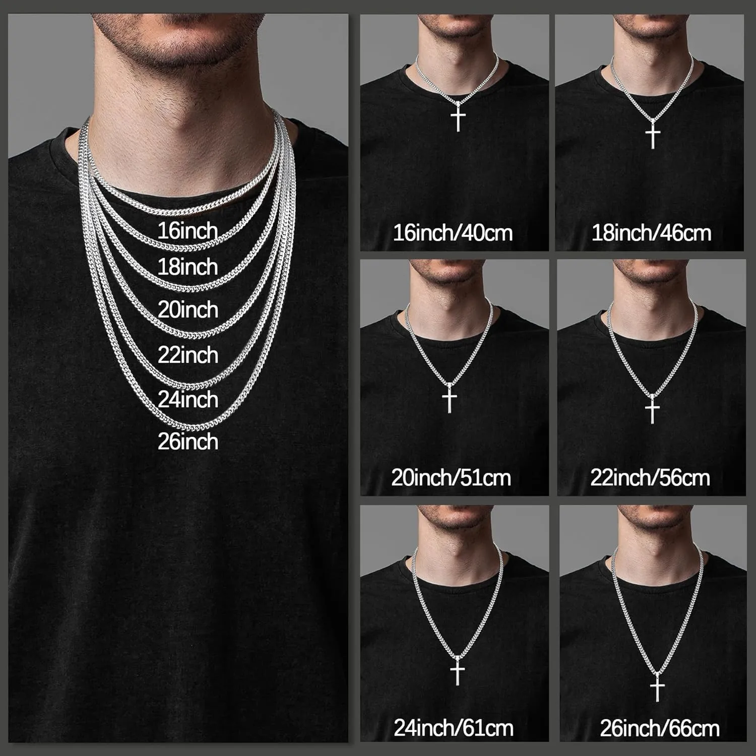 Italian 925 Sterling Silver Cross Necklace for Men, 18k Gold Over Sterling Silver Cross Necklace with World-class Craft 4mm Cuban Link Chain for Men Boys Women, Durable, Colorfast 16-26 Inch