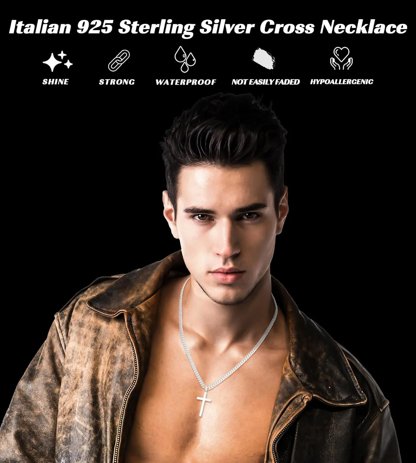 Italian 925 Sterling Silver Cross Necklace for Men, 18k Gold Over Sterling Silver Cross Necklace with World-class Craft 4mm Cuban Link Chain for Men Boys Women, Durable, Colorfast 16-26 Inch