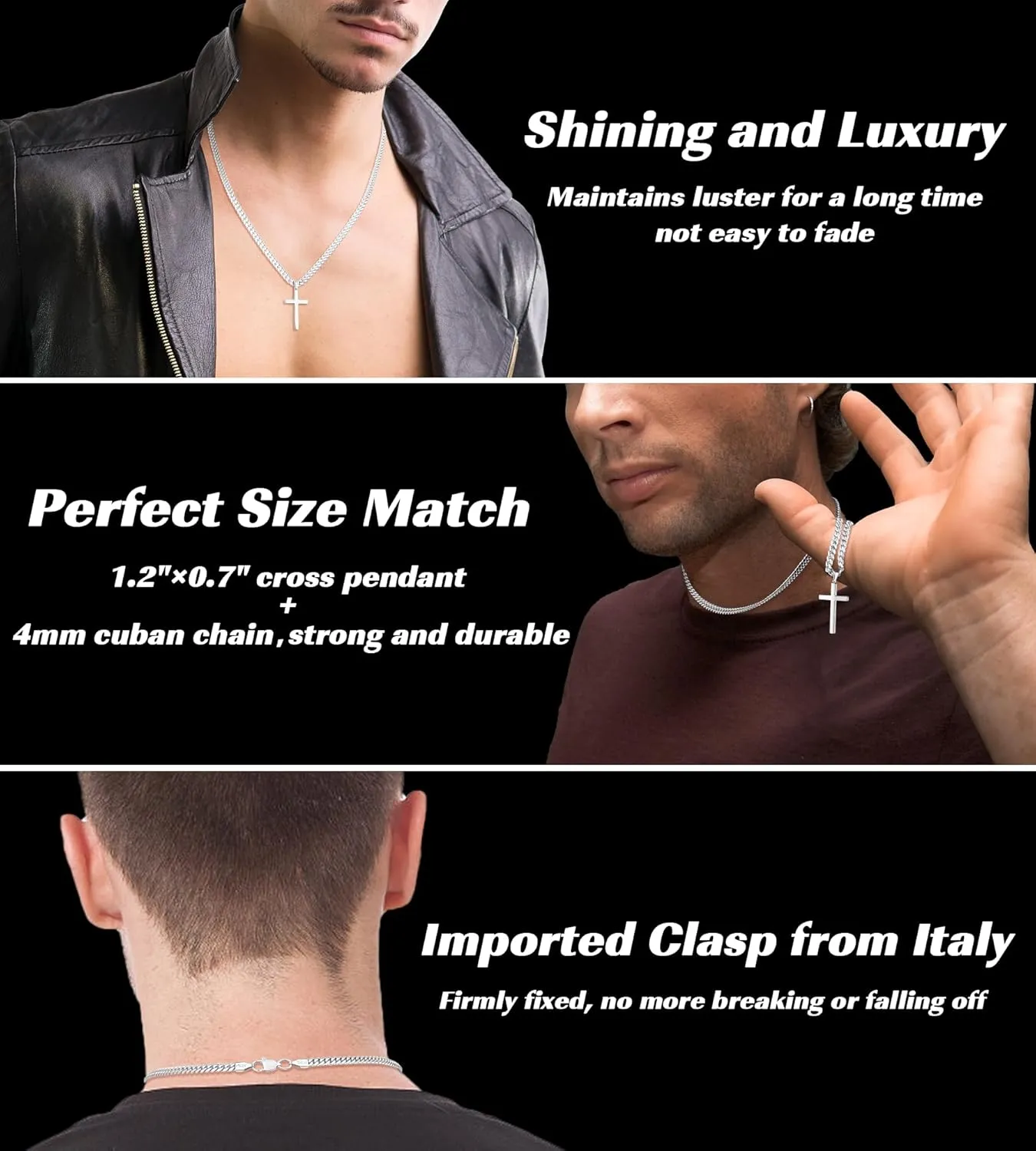 Italian 925 Sterling Silver Cross Necklace for Men, 18k Gold Over Sterling Silver Cross Necklace with World-class Craft 4mm Cuban Link Chain for Men Boys Women, Durable, Colorfast 16-26 Inch