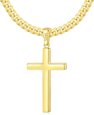 Italian 925 Sterling Silver Cross Necklace for Men, 18k Gold Over Sterling Silver Cross Necklace with World-class Craft 4mm Cuban Link Chain for Men Boys Women, Durable, Colorfast 16-26 Inch