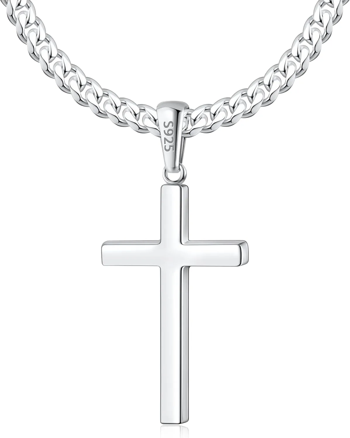 Italian 925 Sterling Silver Cross Necklace for Men, 18k Gold Over Sterling Silver Cross Necklace with World-class Craft 4mm Cuban Link Chain for Men Boys Women, Durable, Colorfast 16-26 Inch