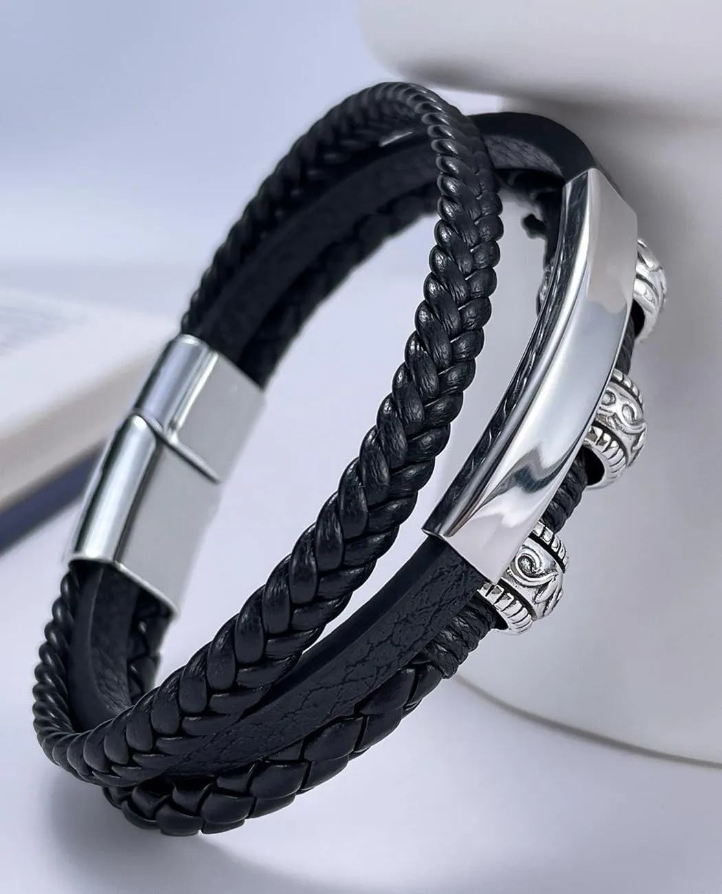 Italian Handmade Genuine Leather Bracelets for Men Stainless Steel Clip, Men's Casual Genuine Multi-layer Cuff Bracelet, Bracelet Gift for Real Men