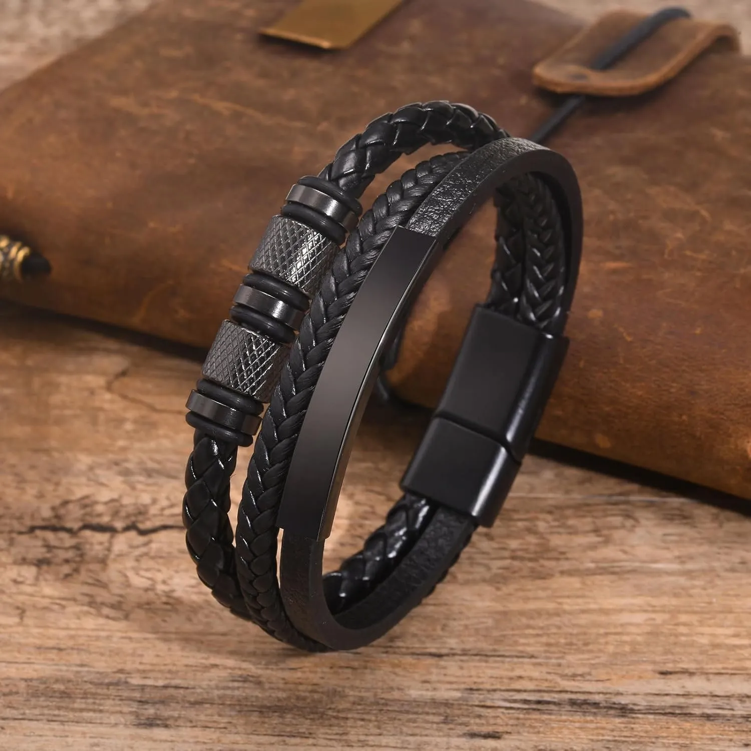 Italian Handmade Genuine Leather Bracelets for Men Stainless Steel Clip, Men's Casual Genuine Multi-layer Cuff Bracelet, Bracelet Gift for Real Men