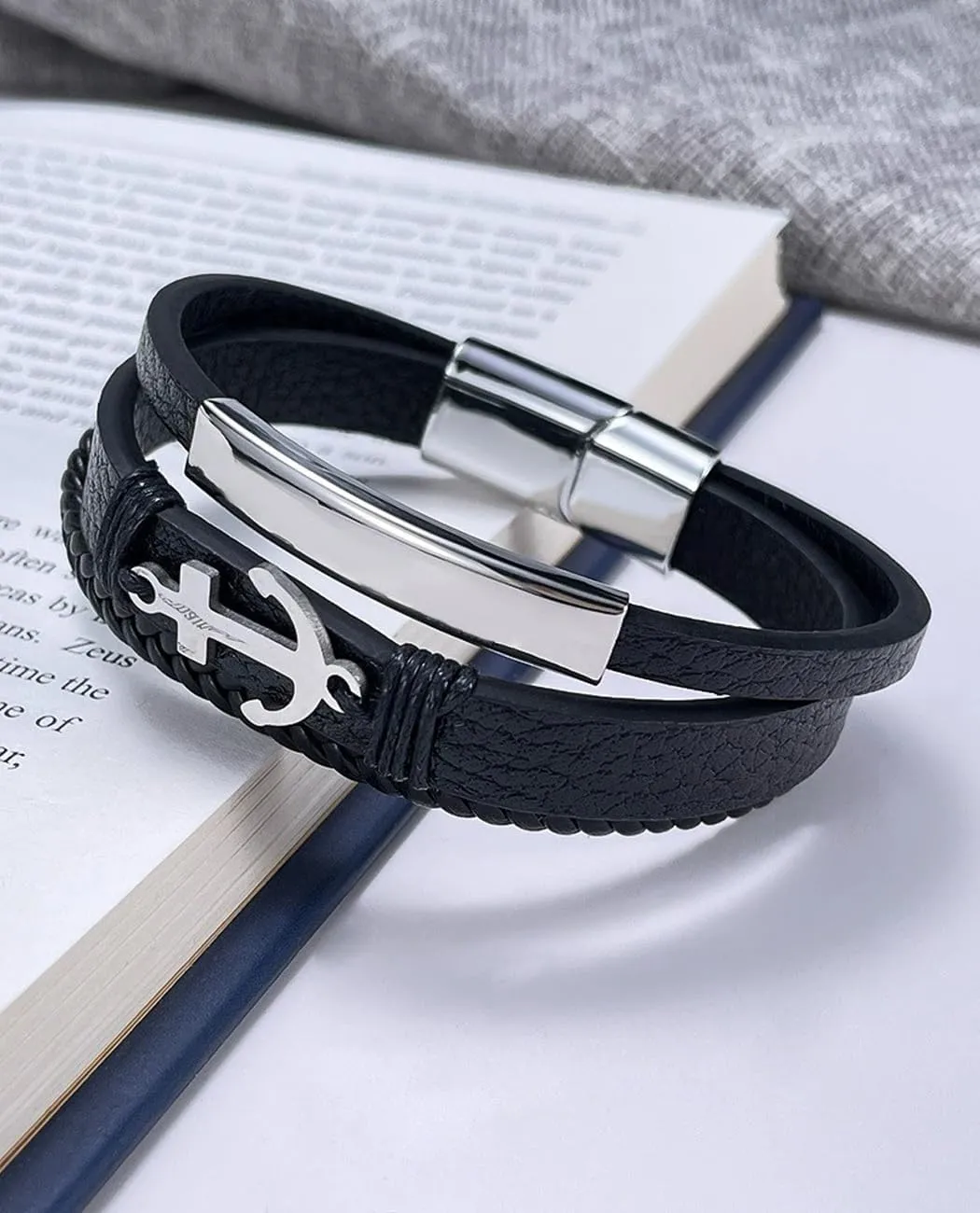 Italian Handmade Genuine Leather Bracelets for Men Stainless Steel Clip, Men's Casual Genuine Multi-layer Cuff Bracelet, Bracelet Gift for Real Men