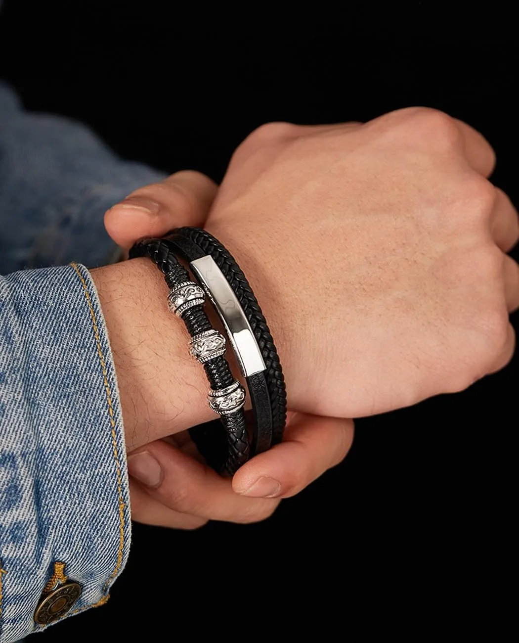 Italian Handmade Genuine Leather Bracelets for Men Stainless Steel Clip, Men's Casual Genuine Multi-layer Cuff Bracelet, Bracelet Gift for Real Men