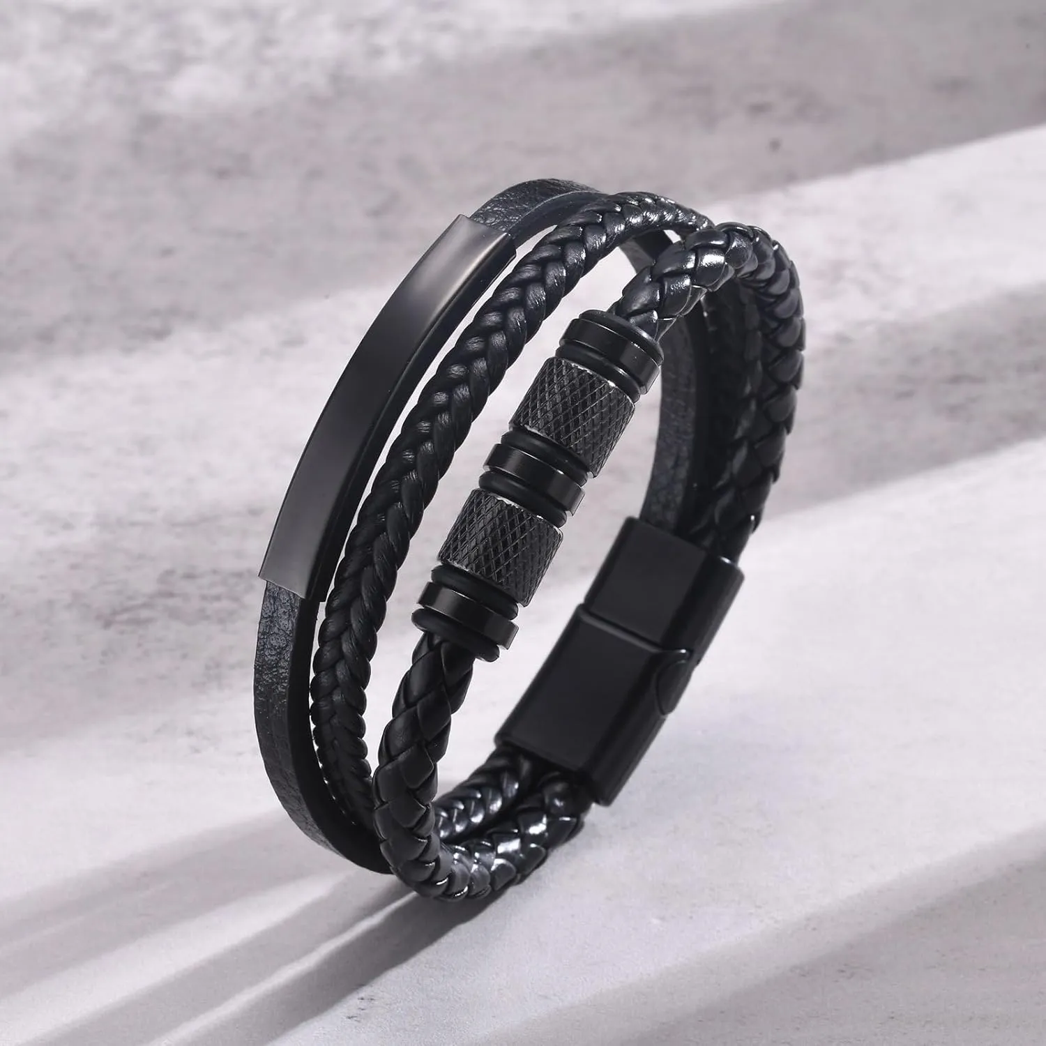 Italian Handmade Genuine Leather Bracelets for Men Stainless Steel Clip, Men's Casual Genuine Multi-layer Cuff Bracelet, Bracelet Gift for Real Men