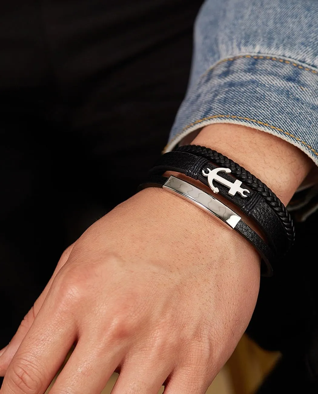 Italian Handmade Genuine Leather Bracelets for Men Stainless Steel Clip, Men's Casual Genuine Multi-layer Cuff Bracelet, Bracelet Gift for Real Men