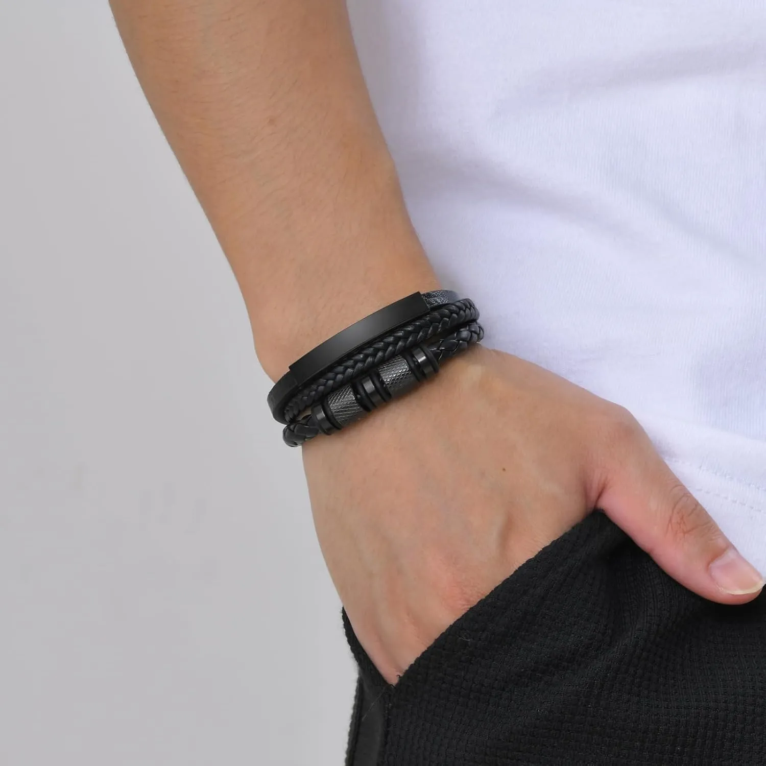 Italian Handmade Genuine Leather Bracelets for Men Stainless Steel Clip, Men's Casual Genuine Multi-layer Cuff Bracelet, Bracelet Gift for Real Men