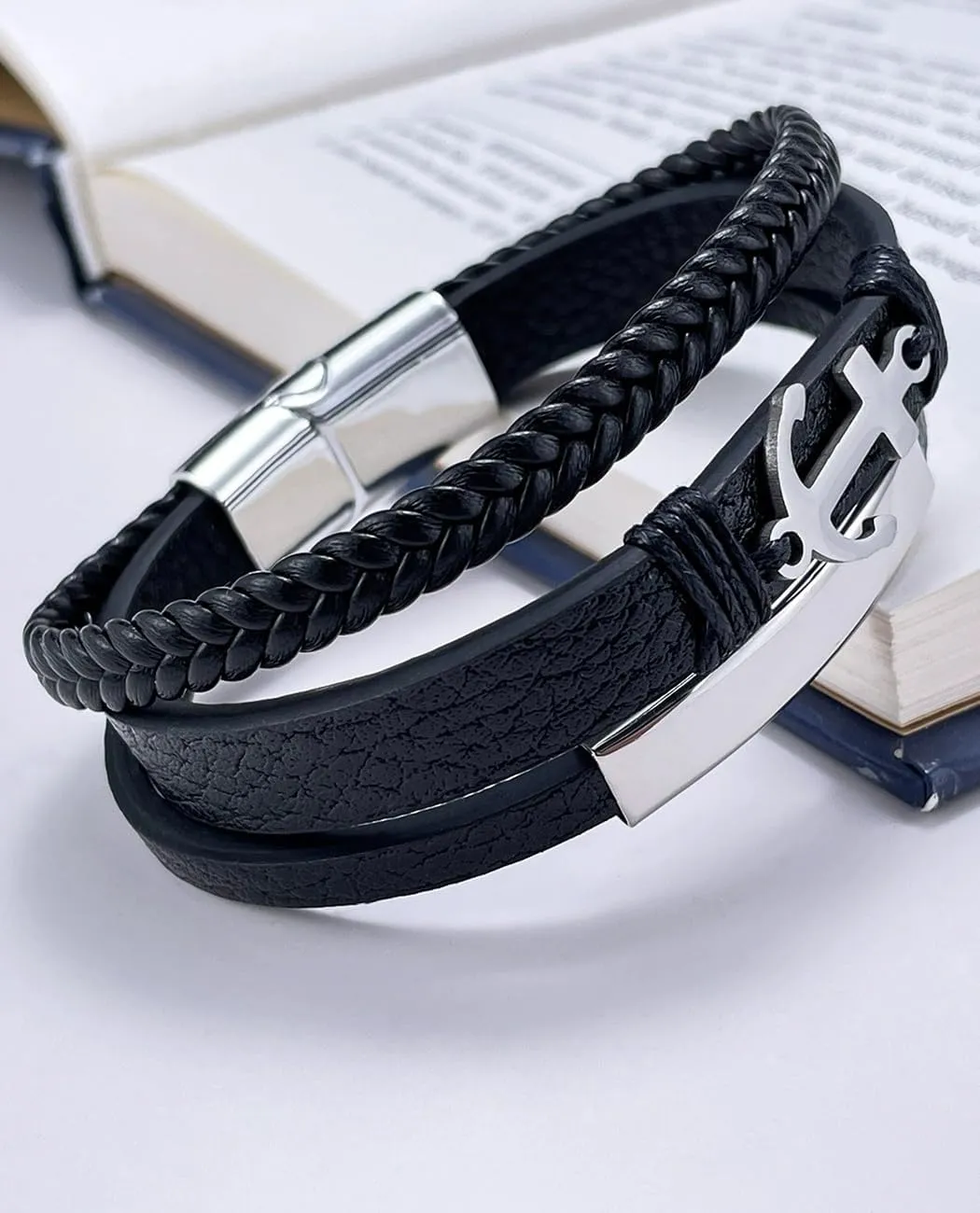 Italian Handmade Genuine Leather Bracelets for Men Stainless Steel Clip, Men's Casual Genuine Multi-layer Cuff Bracelet, Bracelet Gift for Real Men