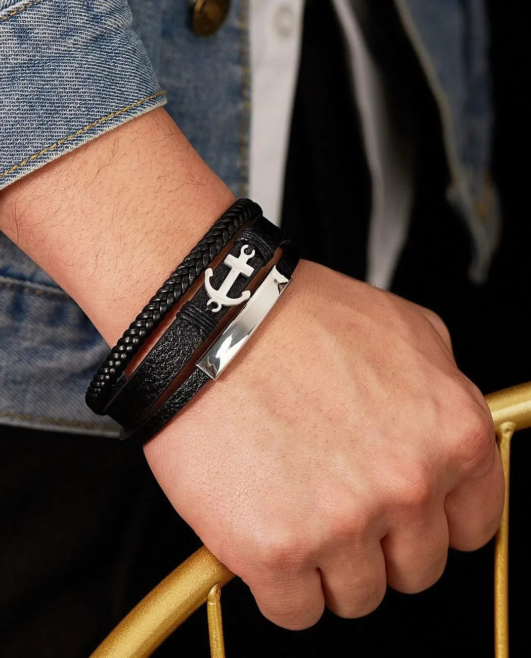 Italian Handmade Genuine Leather Bracelets for Men Stainless Steel Clip, Men's Casual Genuine Multi-layer Cuff Bracelet, Bracelet Gift for Real Men