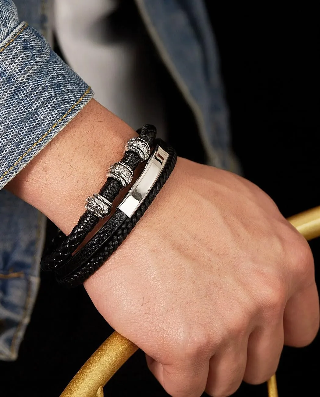 Italian Handmade Genuine Leather Bracelets for Men Stainless Steel Clip, Men's Casual Genuine Multi-layer Cuff Bracelet, Bracelet Gift for Real Men