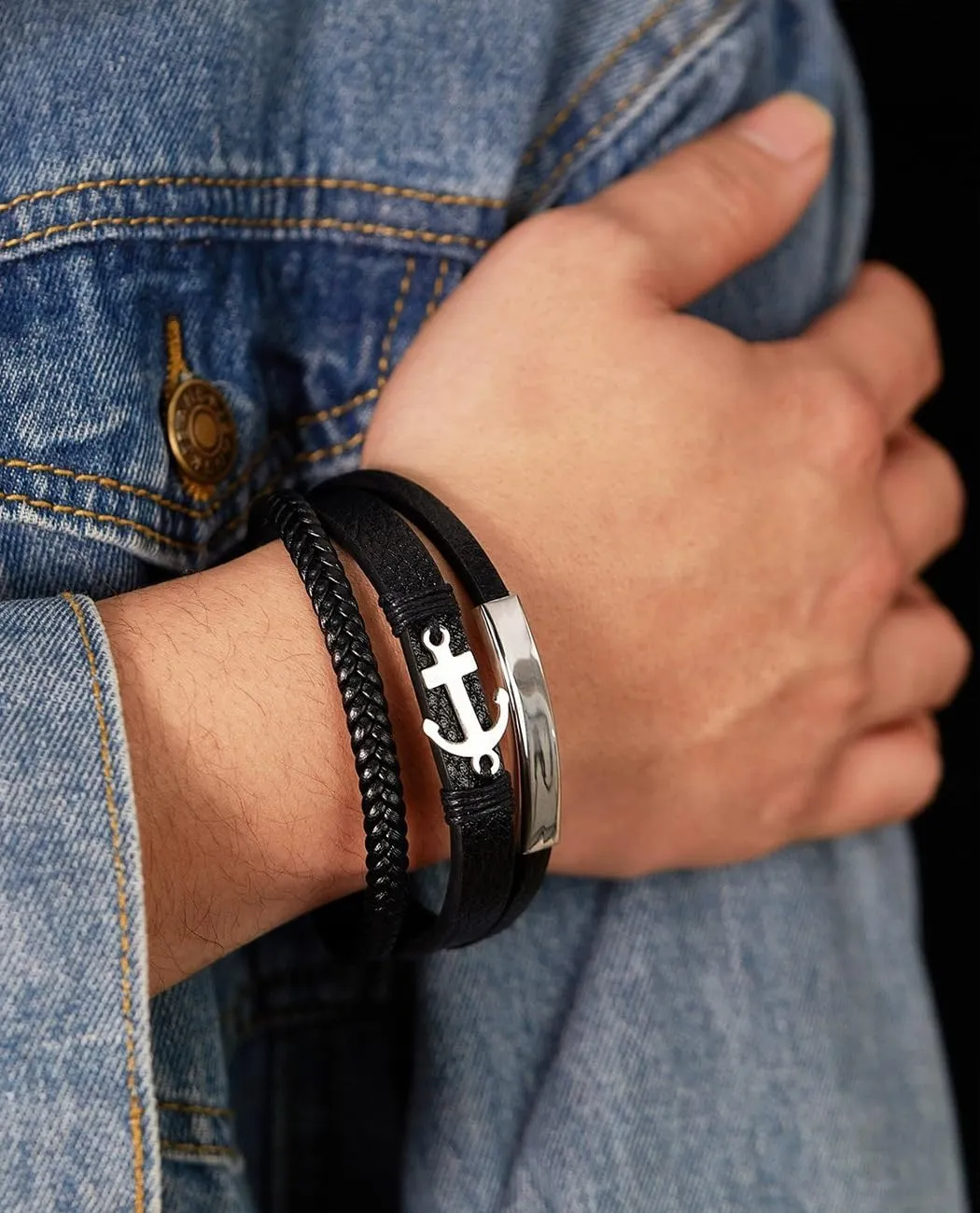 Italian Handmade Genuine Leather Bracelets for Men Stainless Steel Clip, Men's Casual Genuine Multi-layer Cuff Bracelet, Bracelet Gift for Real Men
