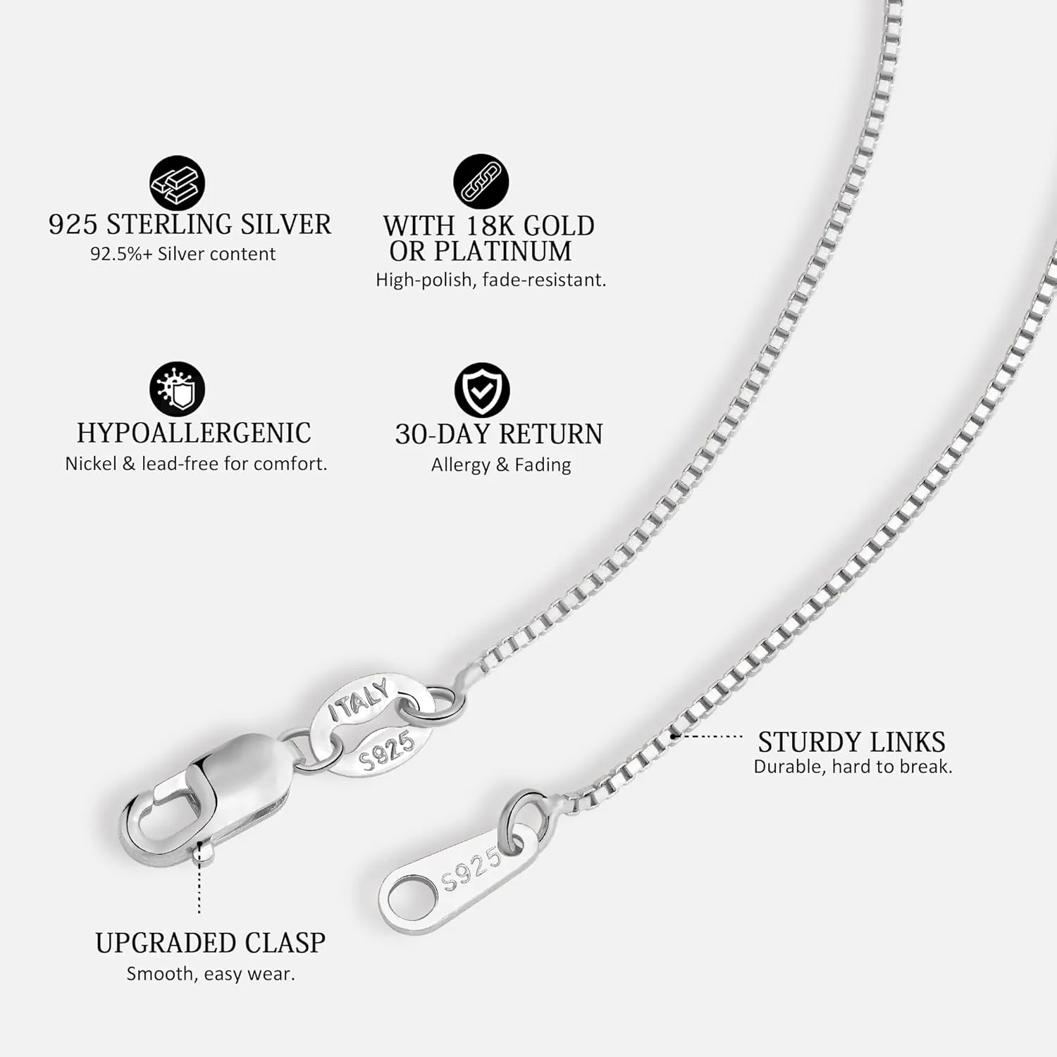 Italian Solid 925 Sterling Silver Box Chain Necklace for Women 0.8mm/1.2mm, 18K Gold Plated Nickel-Free Hypoallergenic Thin & Dainty Women's Chain Necklaces 14 16 18 20 22 24 Inch
