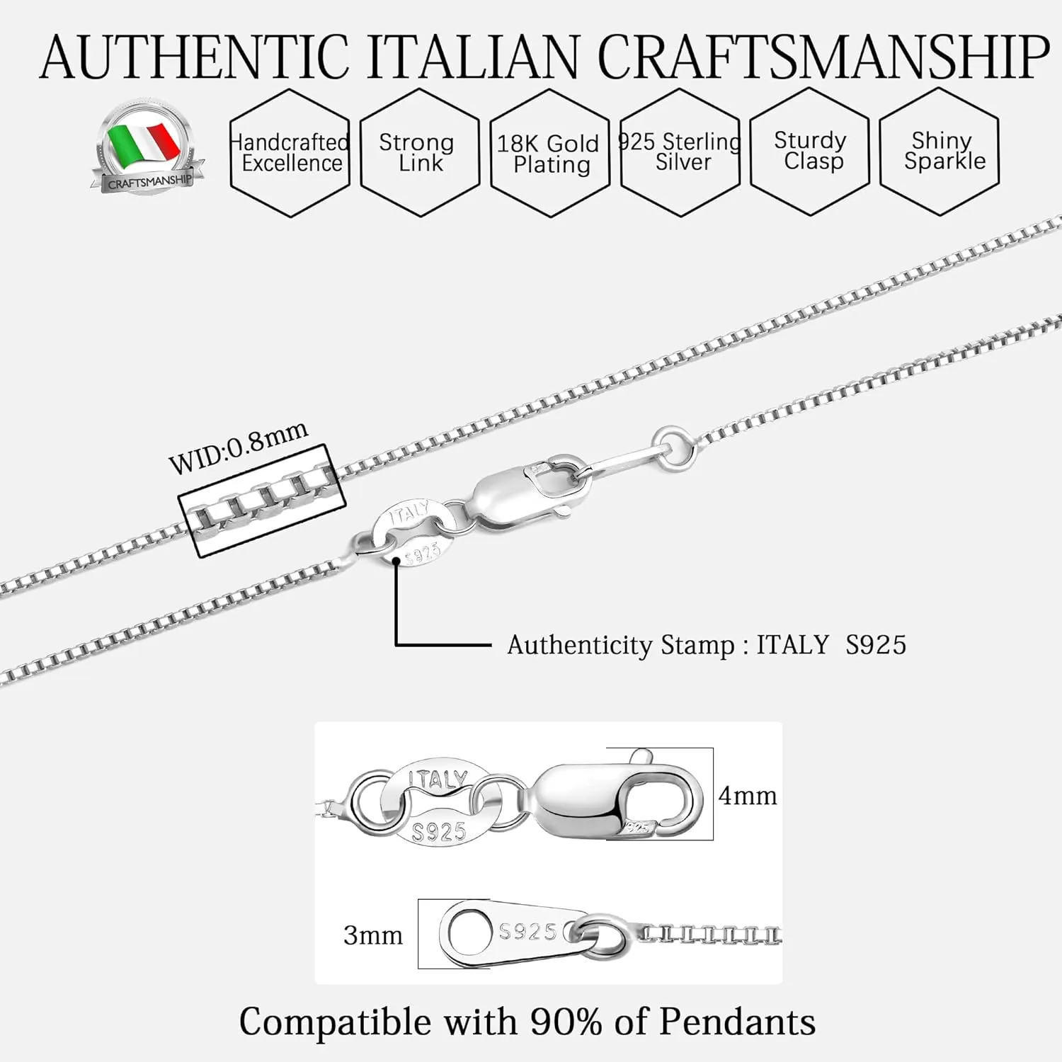 Italian Solid 925 Sterling Silver Box Chain Necklace for Women 0.8mm/1.2mm, 18K Gold Plated Nickel-Free Hypoallergenic Thin & Dainty Women's Chain Necklaces 14 16 18 20 22 24 Inch