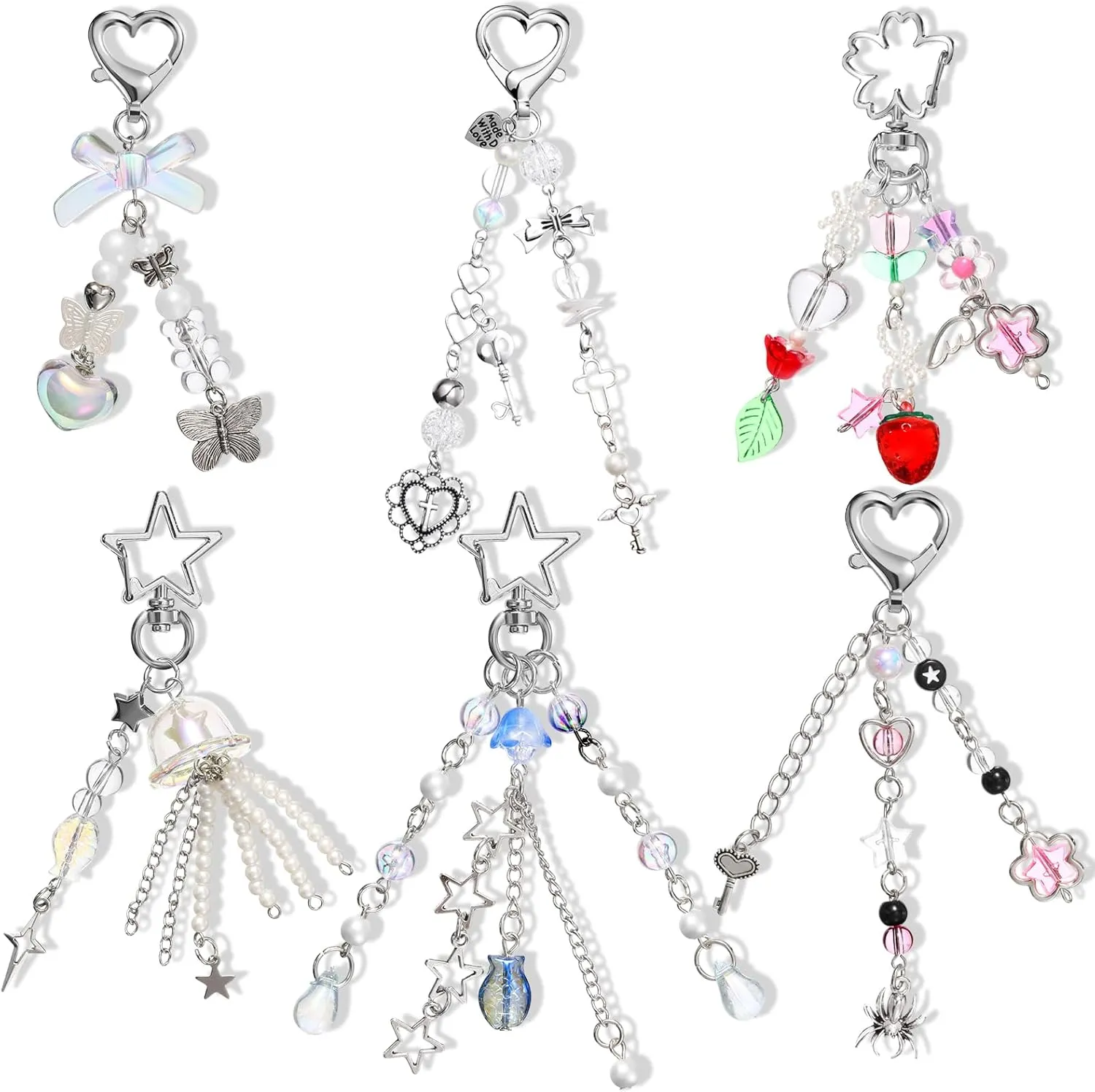 JaGely 6 Pcs Y2k Aesthetic Keychain Accessories Cute Cat Butterfly Star Strawberry Keychains for Women Bag Purse Gifts