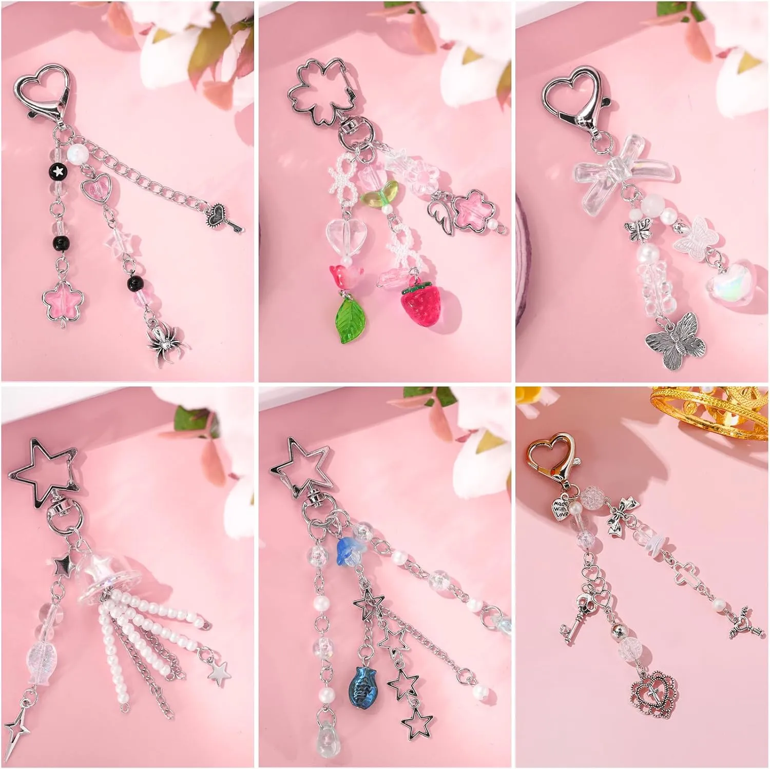 JaGely 6 Pcs Y2k Aesthetic Keychain Accessories Cute Cat Butterfly Star Strawberry Keychains for Women Bag Purse Gifts
