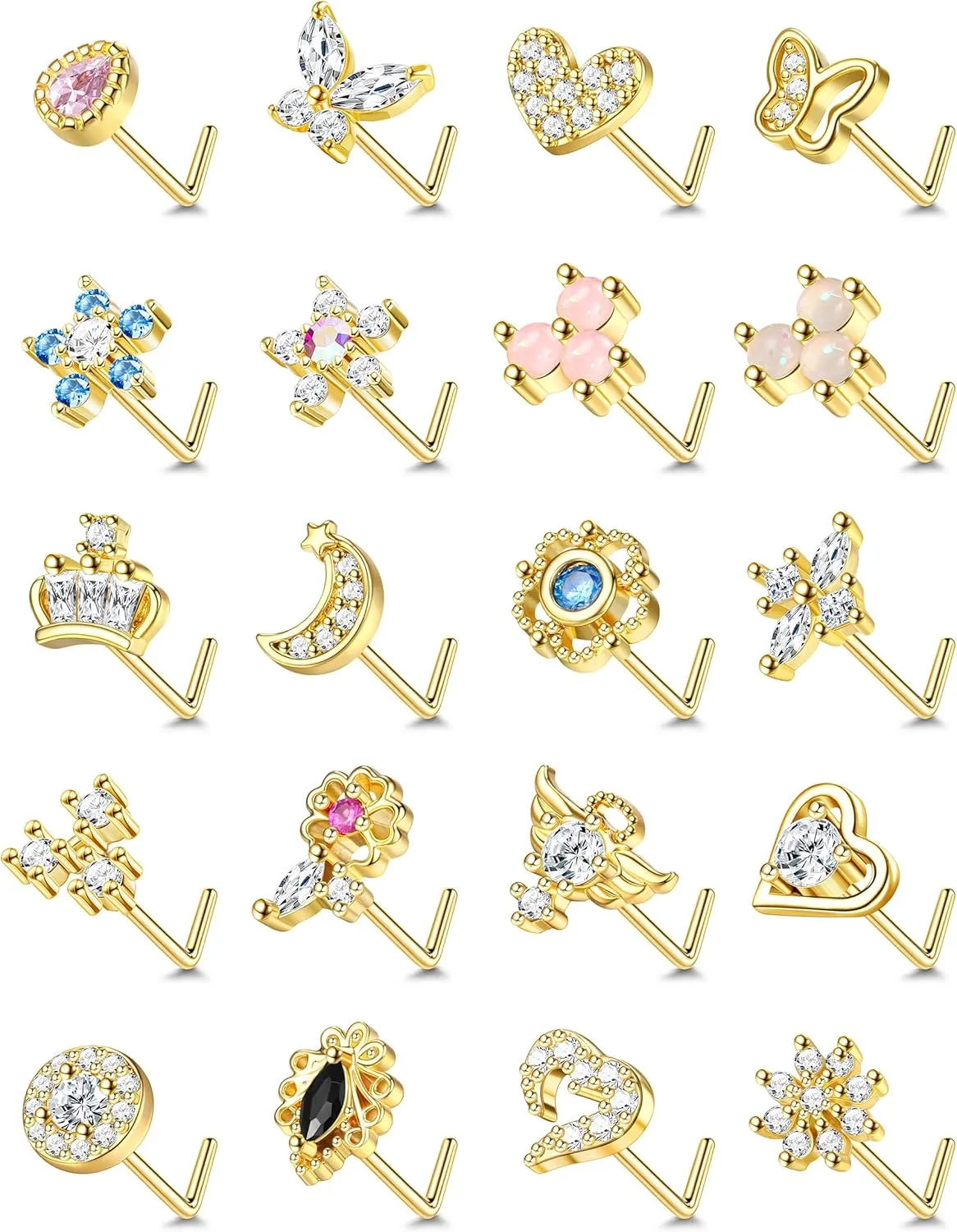 JeryWe 20 Pcs 20G Nose Rings Studs for Women Stainless Steel L Shaped Nose Studs Heart Butterfly Flower Snowflake Crown Wing CZ Nose Piercing Jewelry Silver Rose Gold