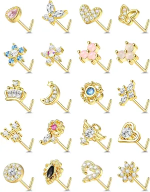 JeryWe 20 Pcs 20G Nose Rings Studs for Women Stainless Steel L Shaped Nose Studs Heart Butterfly Flower Snowflake Crown Wing CZ Nose Piercing Jewelry Silver Rose Gold