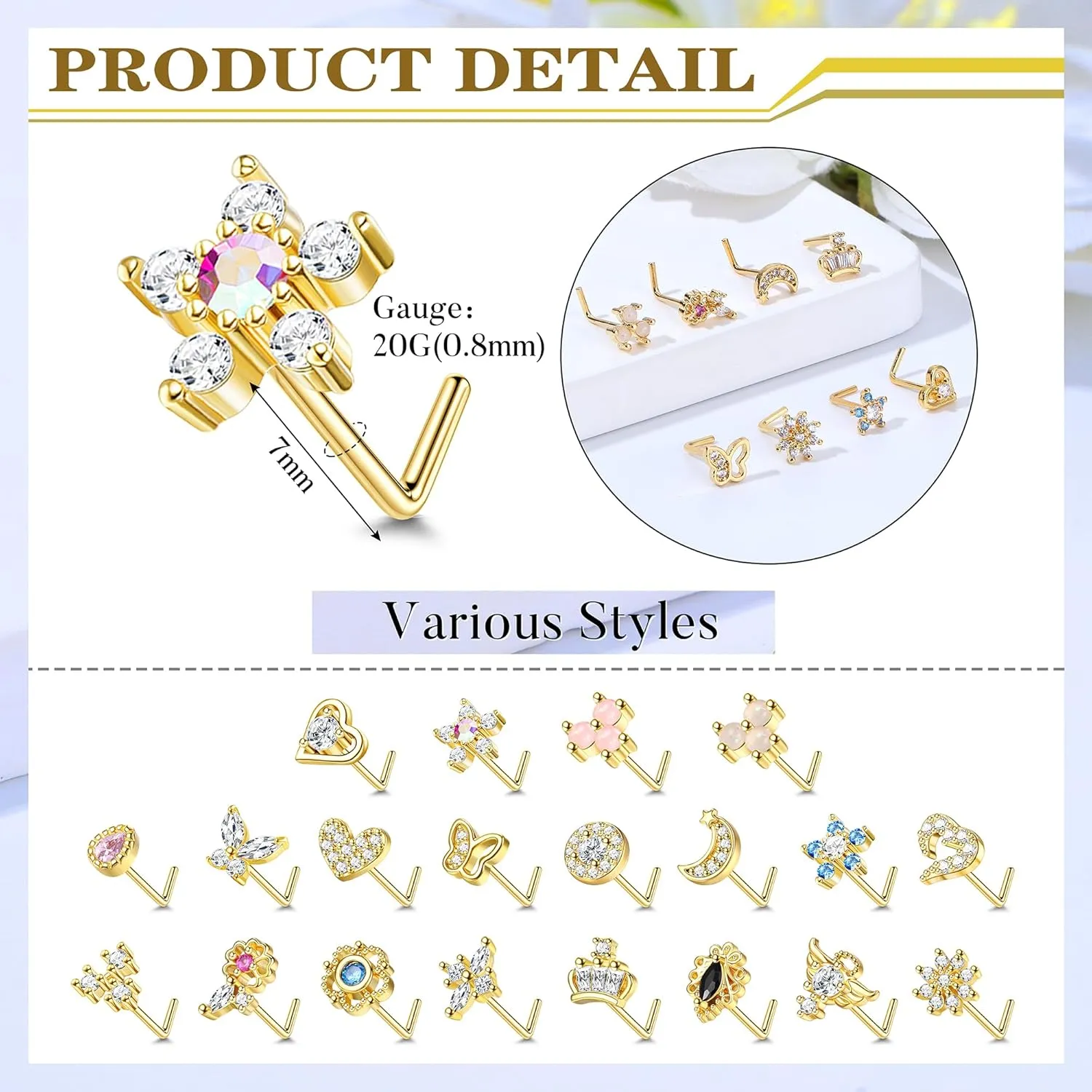 JeryWe 20 Pcs 20G Nose Rings Studs for Women Stainless Steel L Shaped Nose Studs Heart Butterfly Flower Snowflake Crown Wing CZ Nose Piercing Jewelry Silver Rose Gold