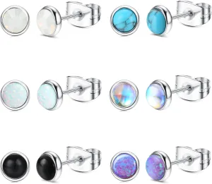 JeryWe 20G 4MM Hypoallergenic Studs Earring Set Diamond/Moonstone/Turquoise/Agate Opal Round Stud Earrings Stainless Steel Stud Earrings for Women Men 6 Pairs