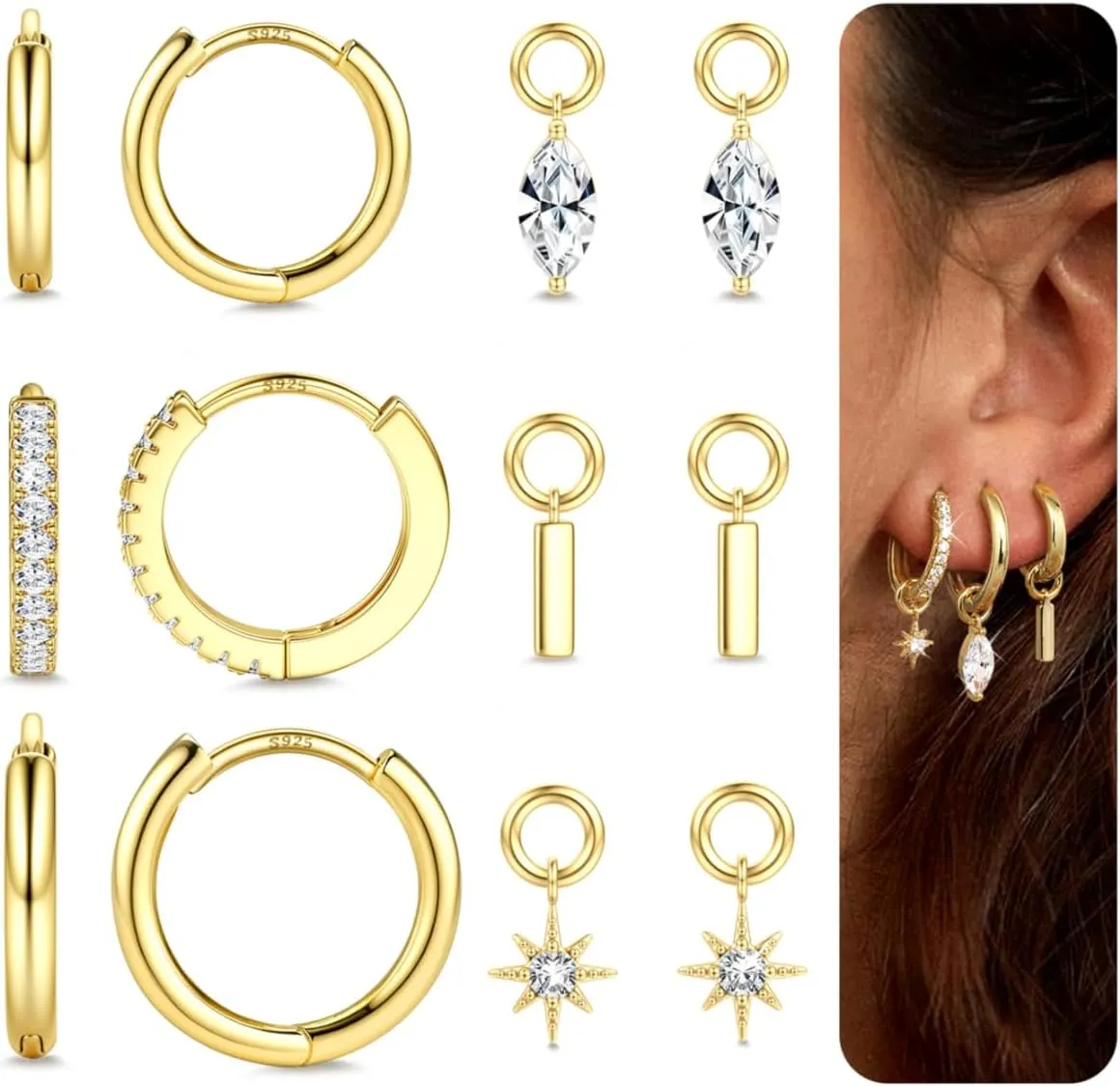 JeryWe Gold Small Hoop Earrings for Women  Hypoallergenic 14K Gold Plated Hoop Cartilage Earring Stacks Gold with Dainty Dangle Charm Non Tarnish Huggie Hoops Earrings for Cartilage Tragus Piercing Jewelry