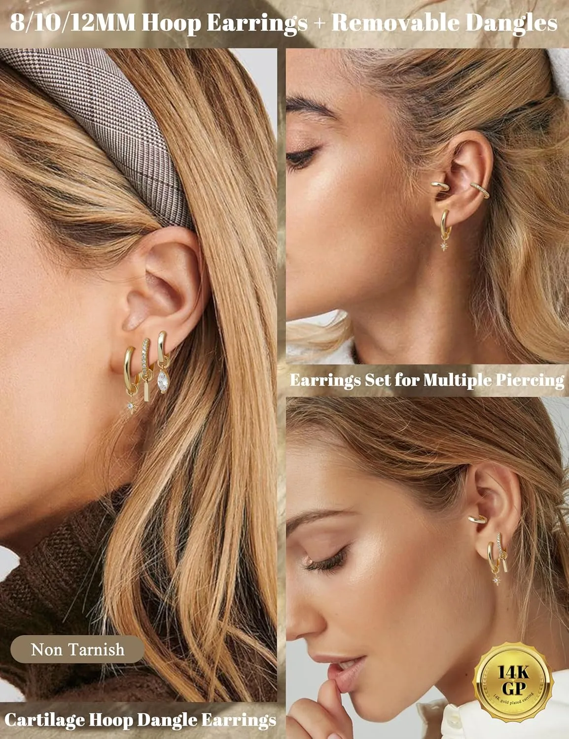 JeryWe Gold Small Hoop Earrings for Women  Hypoallergenic 14K Gold Plated Hoop Cartilage Earring Stacks Gold with Dainty Dangle Charm Non Tarnish Huggie Hoops Earrings for Cartilage Tragus Piercing Jewelry