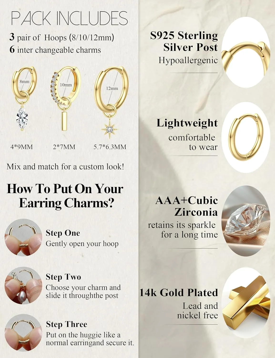 JeryWe Gold Small Hoop Earrings for Women  Hypoallergenic 14K Gold Plated Hoop Cartilage Earring Stacks Gold with Dainty Dangle Charm Non Tarnish Huggie Hoops Earrings for Cartilage Tragus Piercing Jewelry