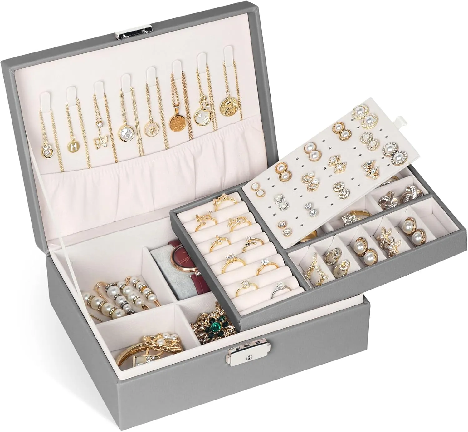 Jewelry Box for Women Girls, 2 Layers Jewelry Organizer Container with Lock, PU Leather Storage Case with Removable Tray, Jewelry Display Box for Necklaces Earrings Bracelets Rings Watches (Grey)