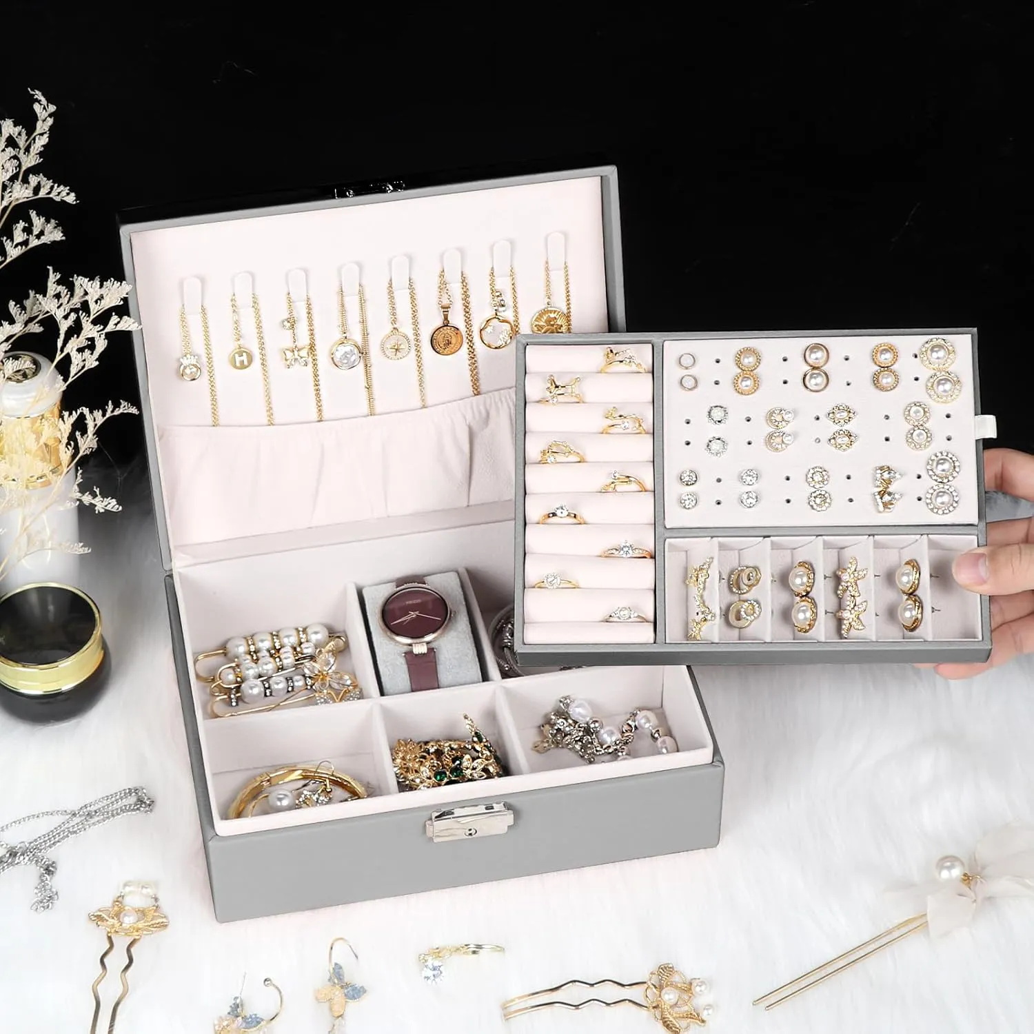 Jewelry Box for Women Girls, 2 Layers Jewelry Organizer Container with Lock, PU Leather Storage Case with Removable Tray, Jewelry Display Box for Necklaces Earrings Bracelets Rings Watches (Grey)