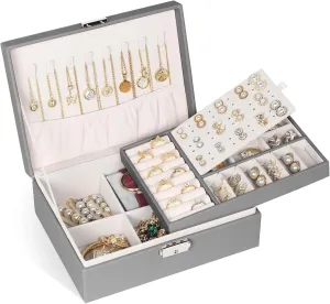 Jewelry Box for Women Girls, 2 Layers Jewelry Organizer Container with Lock, PU Leather Storage Case with Removable Tray, Jewelry Display Box for Necklaces Earrings Bracelets Rings Watches (Grey)